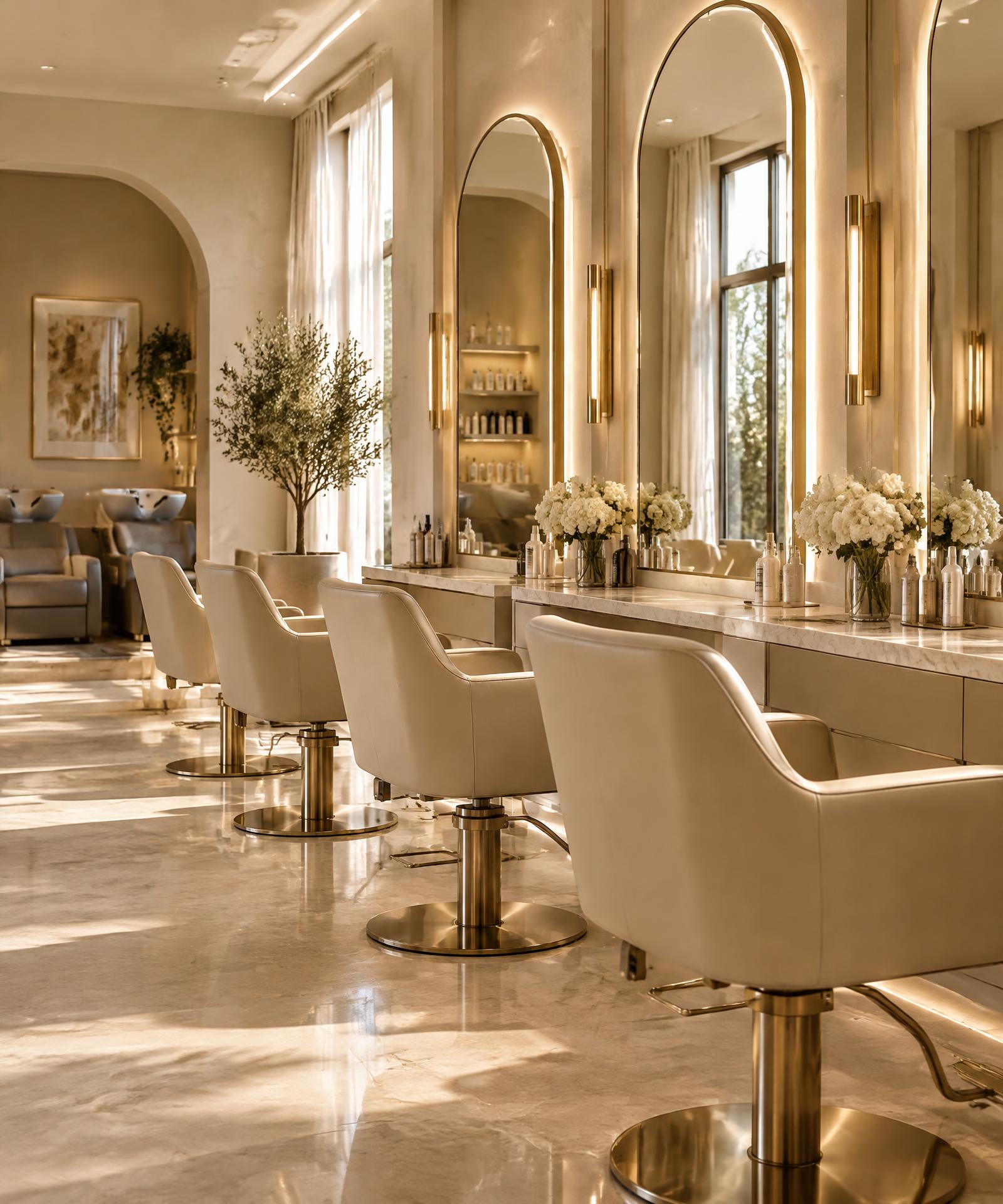 Intérieur d'un salon de beauté aux tons crème et dorés (image de démonstration)