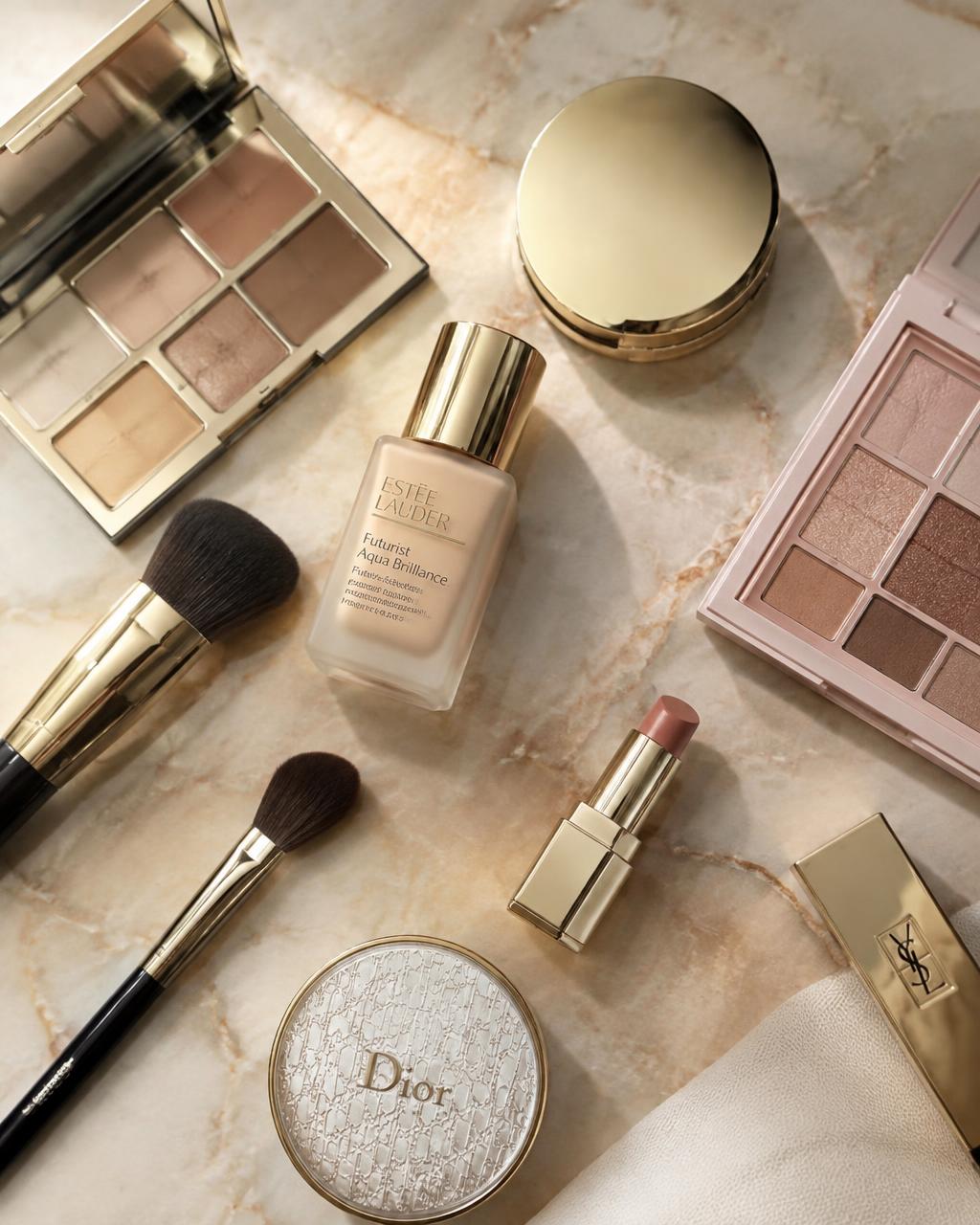 Produits de maquillage sur marbre (image de démonstration)